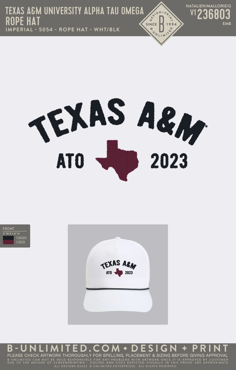 Texas A&M University Alpha Tau Omega - Rope Hat - Imperial - 5054 - Rope Hat - White/Black