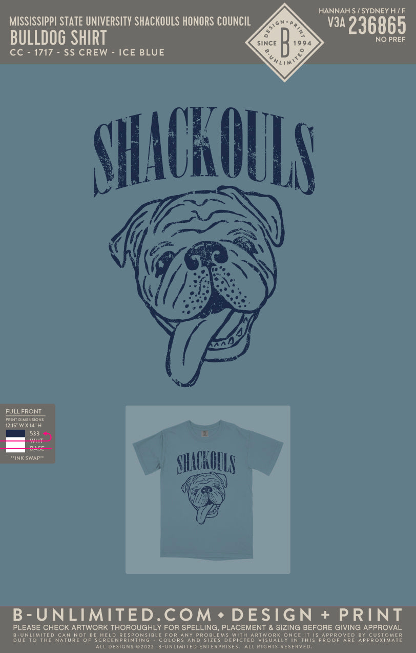 Mississippi State University Shackouls Honors Council - Bulldog Shirt - CC - 1717 - SS Crew - Ice Blue