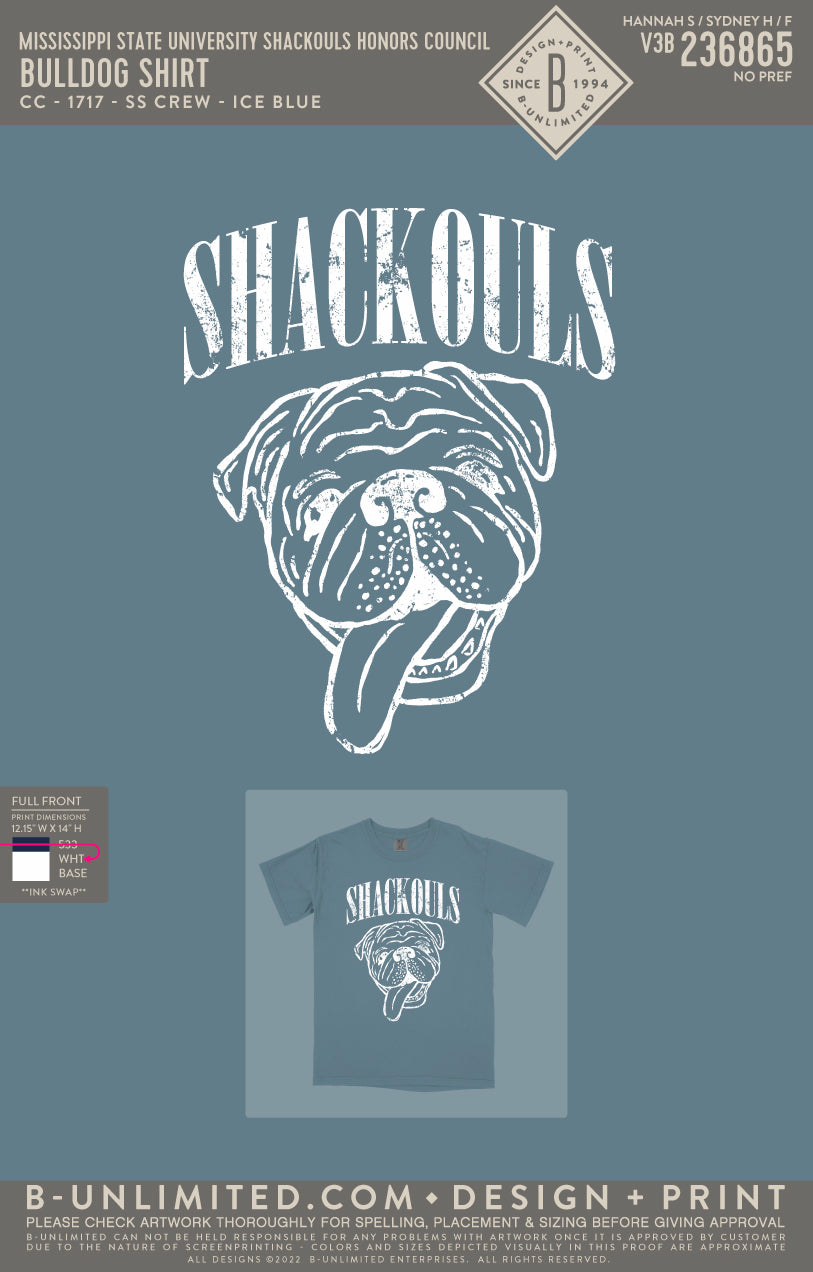 Mississippi State University Shackouls Honors Council - Bulldog Shirt (White Ink) - CC - 1717 - SS Crew - Ice Blue