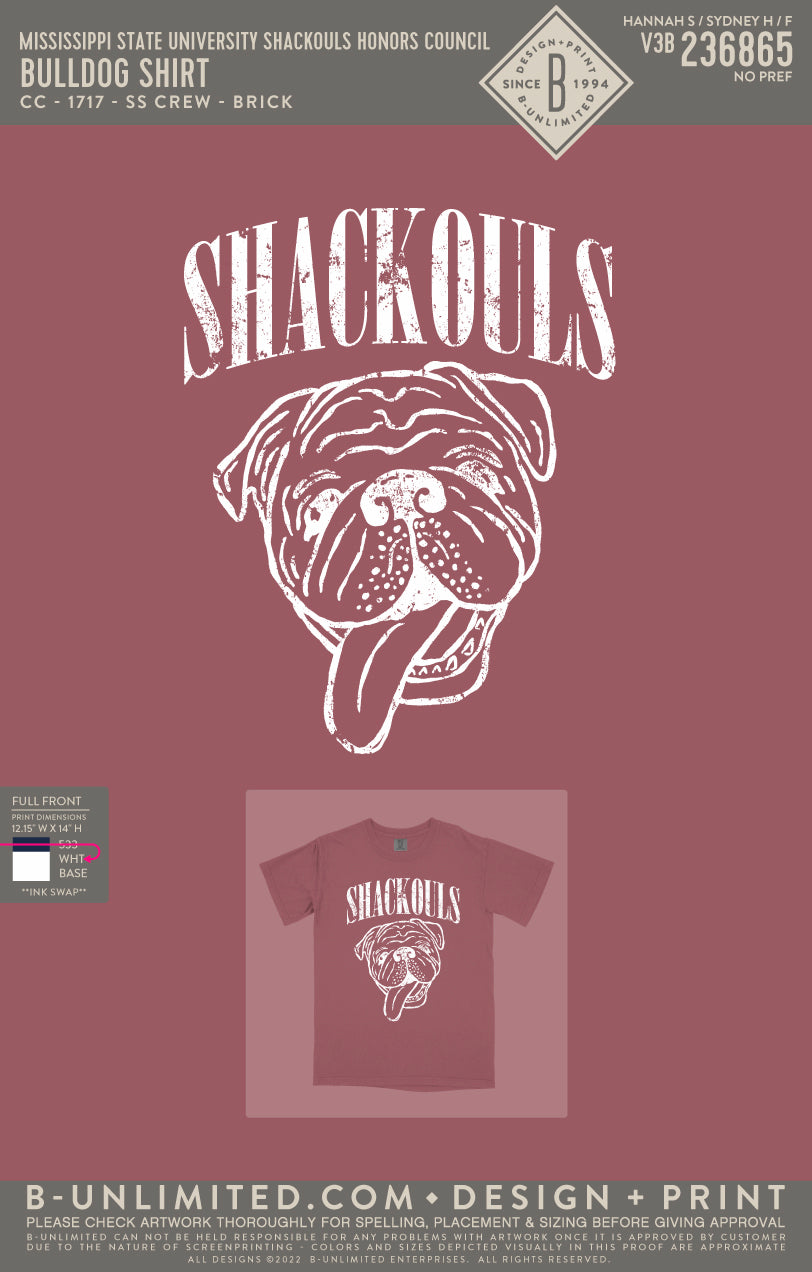 Mississippi State University Shackouls Honors Council - Bulldog Shirt (White Ink) - CC - 1717 - SS Crew - Brick