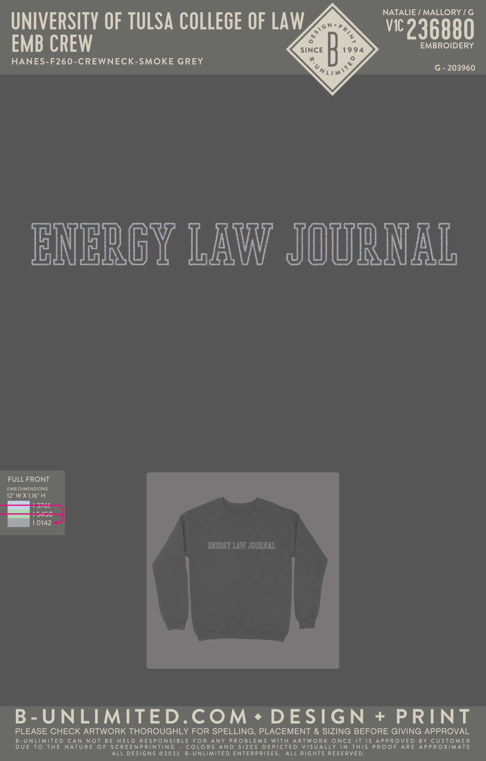 University of Tulsa College of Law - Emb Crew - Hanes - F260 - Sweatshirt - Smoke Grey