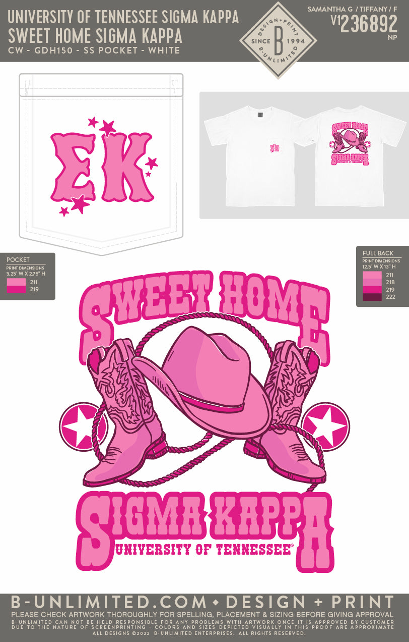 University of Tennessee Sigma Kappa - Sweet Home Sigma Kappa (EOYFALL23) - CC - 6030 - SS Pocket - White