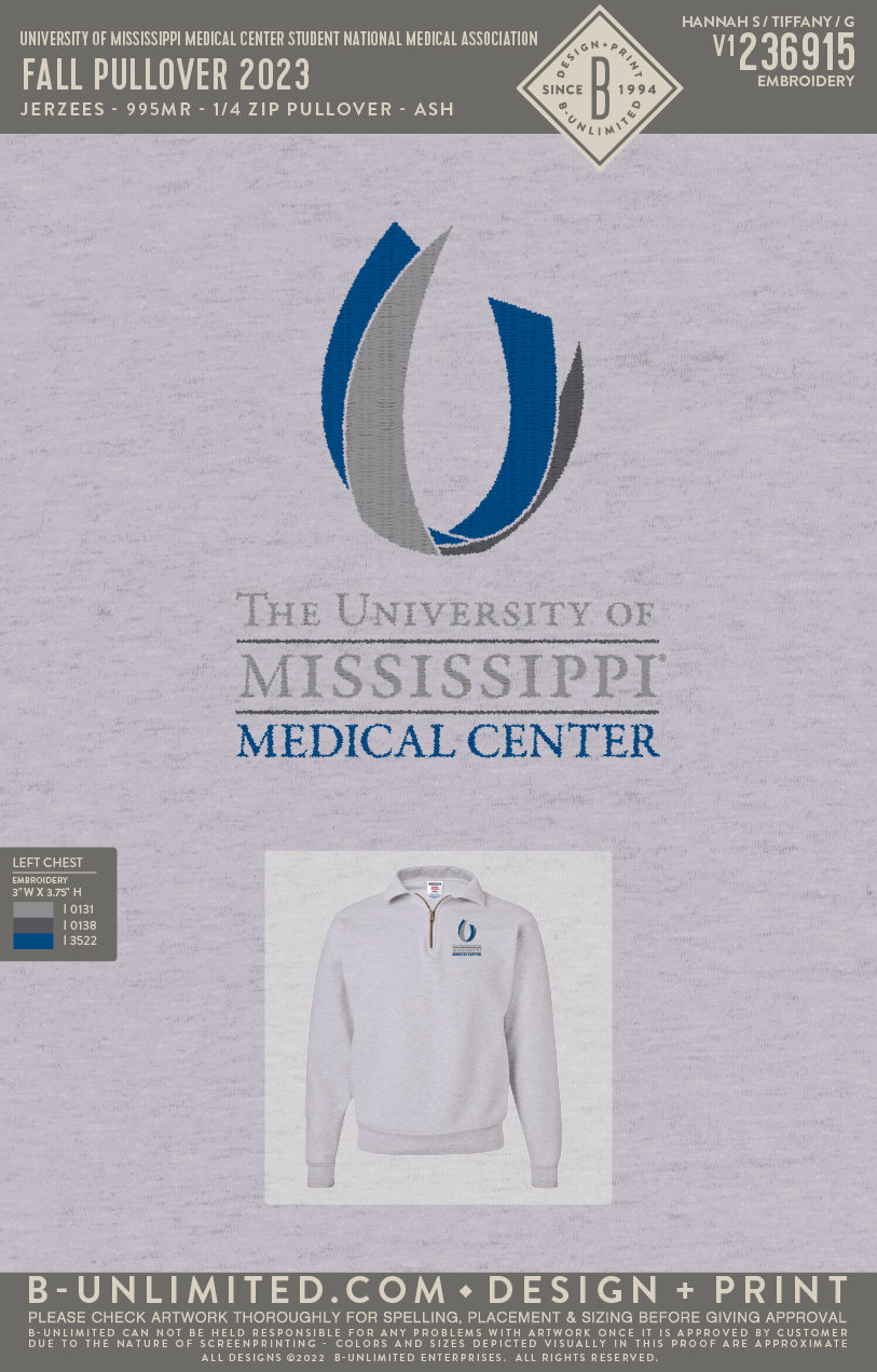 University of Mississippi Medical Center Student National Medical Association - Fall Pullover 2023 - Jerzees - 995MR - 1/4 Zip Pullover - Ash