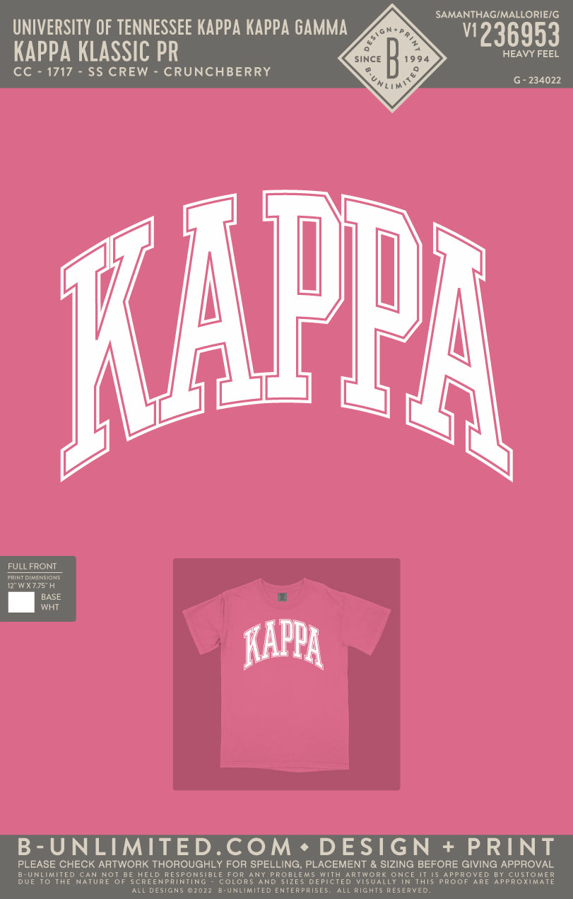 University of Tennessee Kappa Kappa Gamma - Kappa Klassic PR (EOYFALL23) - CC - 1717 - SS Crew - Crunchberry