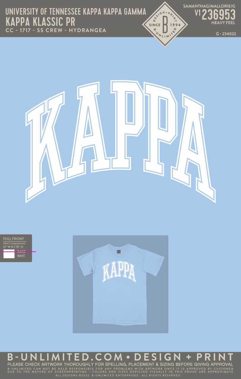 University of Tennessee Kappa Kappa Gamma - Kappa Klassic PR (EOYFALL23) - CC - 1717 - SS Crew - Hydrangea