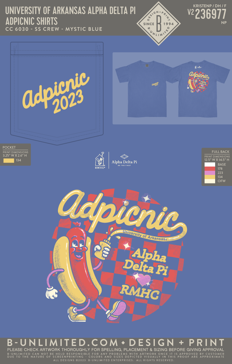 University of Arkansas Alpha Delta Pi - ADPIcnic shirts (EOYFALL23) - CC - 6030 - SS Pocket - Mystic Blue
