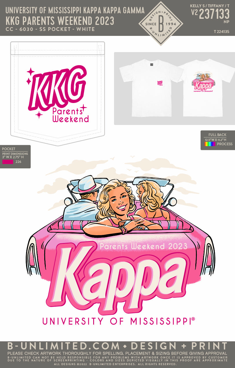 University of Mississippi Kappa Kappa Gamma - KKG Parents Weekend 2023 - CC - 6030 - SS Pocket - White