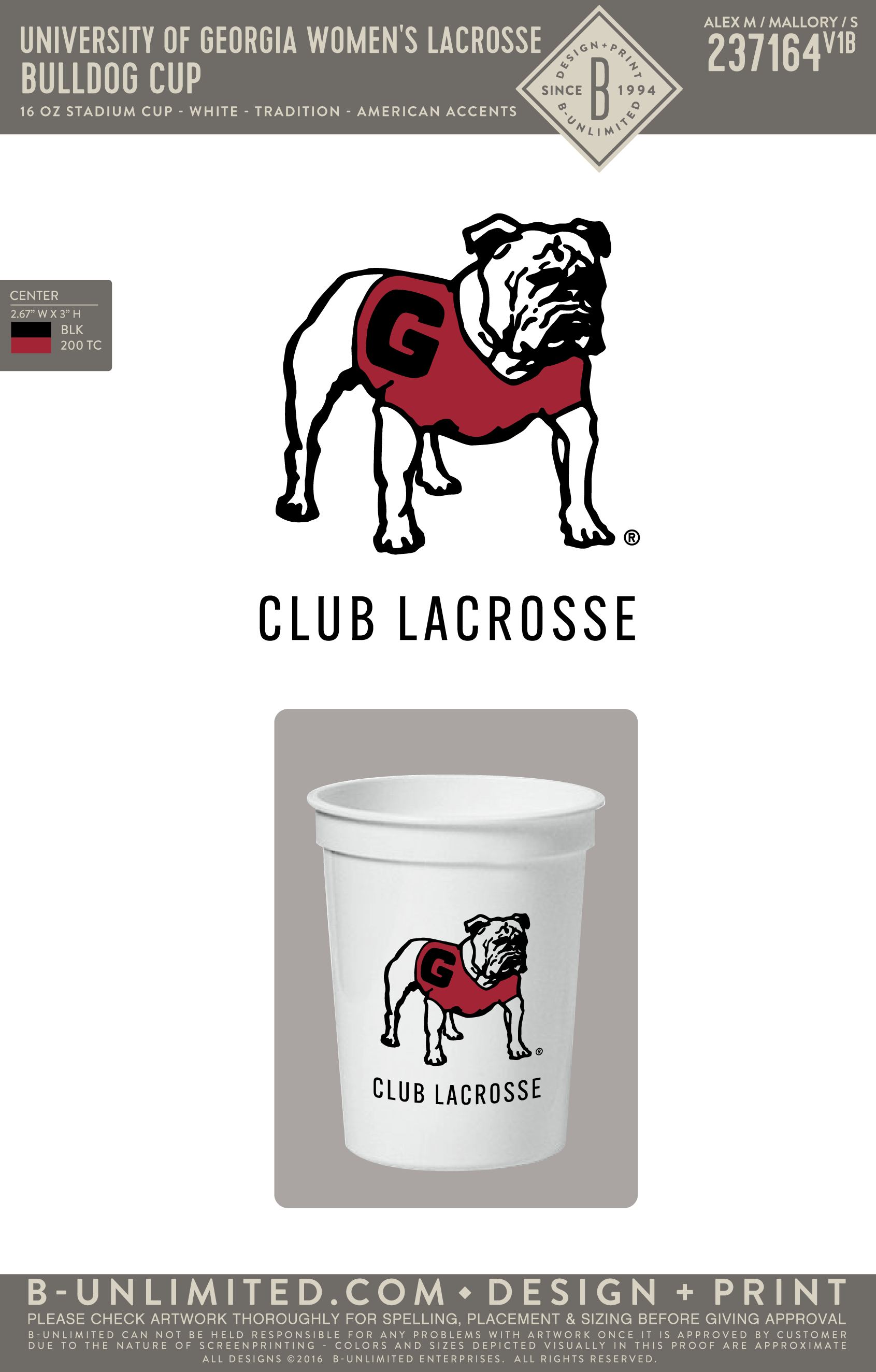 University of Georgia Women's Lacrosse - Bulldog Cup - American Accents - D-ST16 - 16 oz Cup - White