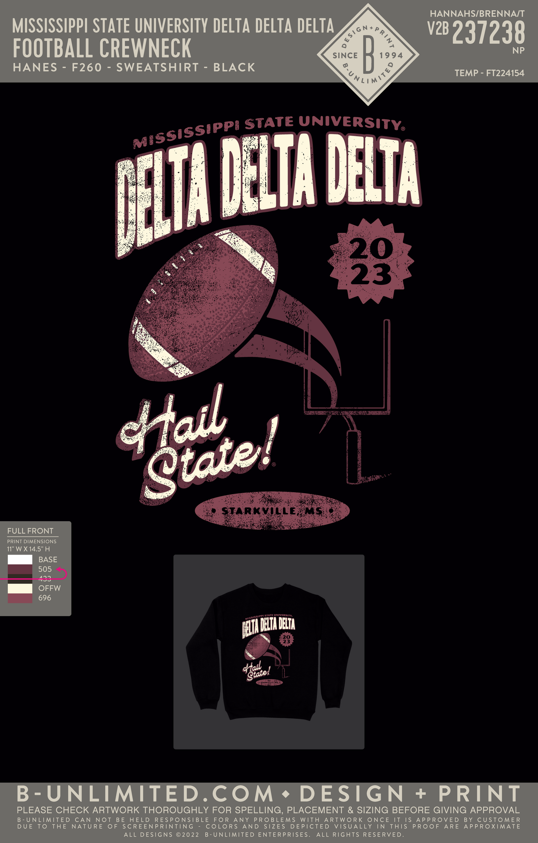 Mississippi State University Delta Delta Delta - Football Crewneck - Hanes - F260 - Sweatshirt - Black