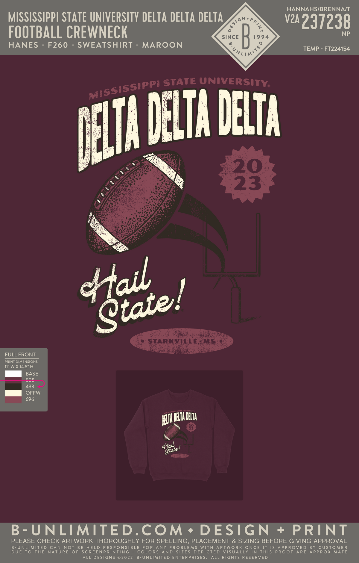 Mississippi State University Delta Delta Delta - Football Crewneck - Hanes - F260 - Sweatshirt - Maroon