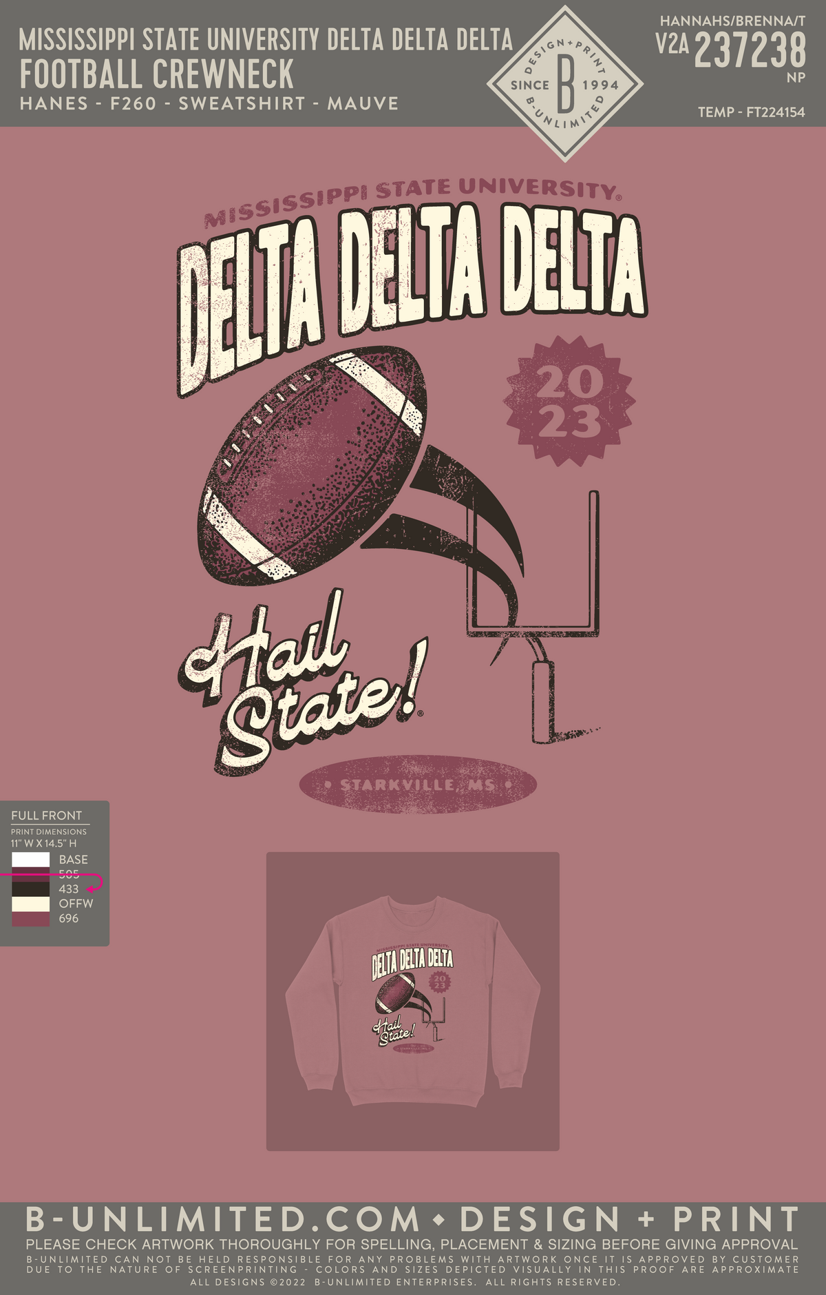 Mississippi State University Delta Delta Delta - Football Crewneck - Hanes - F260 - Sweatshirt - Mauve