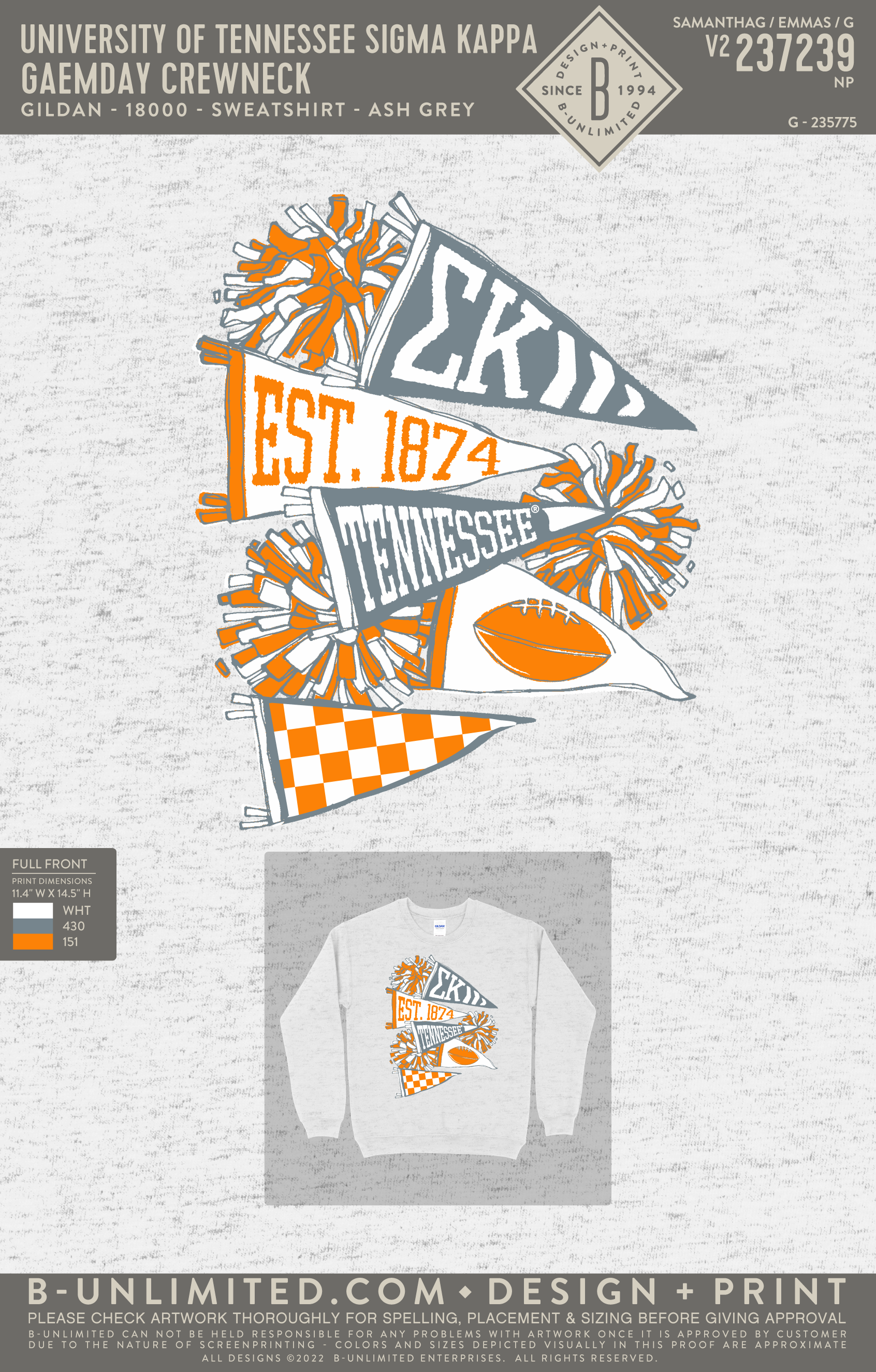 University of Tennessee Sigma Kappa - Gameday Crewneck - Gildan - 18000 - Sweatshirt - Ash Grey