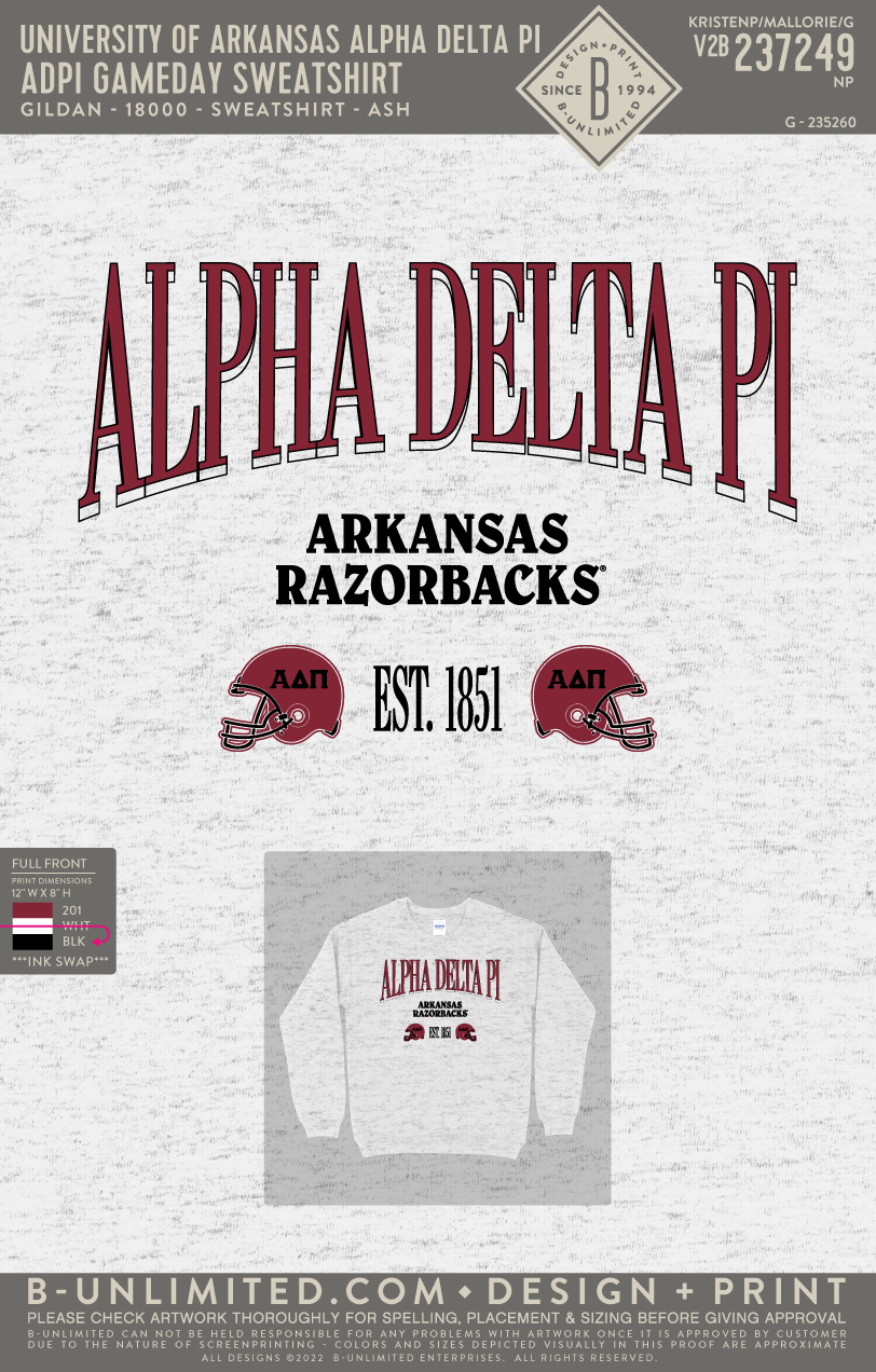 University of Arkansas Alpha Delta Pi - ADPI Gameday sweatshirt - Gildan - 18000 - Sweatshirt - Ash Grey