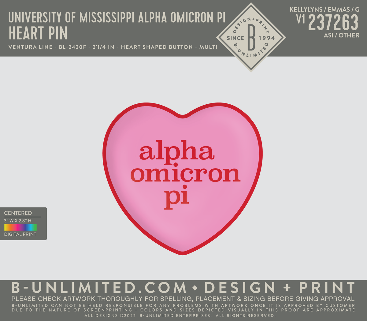 University of Mississippi Alpha Omicron Pi - heart pin (set of 2) - Ventura Line - BL-2420F - 2'1/4 in - Heart Shaped Button - Multi