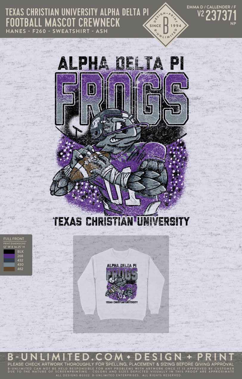 Texas Christian University Alpha Delta Pi - Football Mascot Crewneck - Hanes - F260 - Sweatshirt - Ash