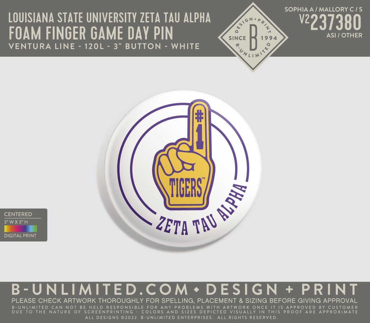 Louisiana State University Zeta Tau Alpha - Foam Finger Game Day Pin - Ventura Line - 120L - 3" Button - White