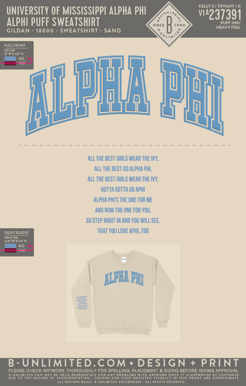 University of Mississippi Alpha Phi - Aphi Puff Sweatshirt - Gildan - 18000 - Sweatshirt - Sand