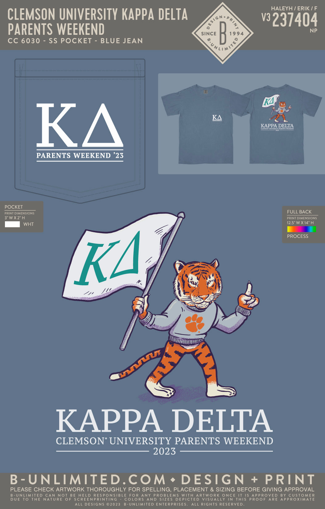 Clemson University Kappa Delta - Parents Weekend (EOY FALL 23) - CC - 6030 - SS Pocket - Blue Jean