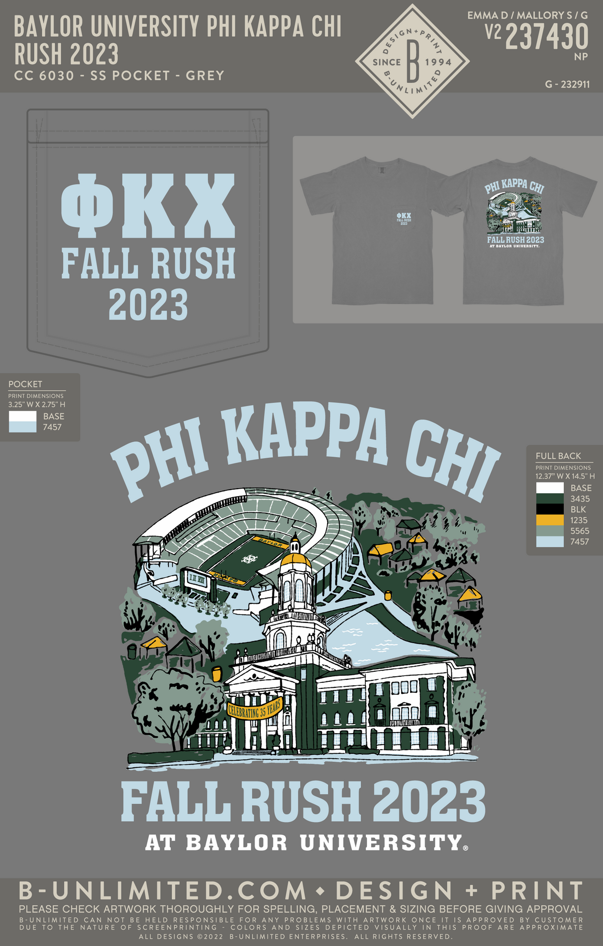 Baylor University Phi Kappa Chi - Rush 2023 - CC - 6030 - SS Pocket - Grey