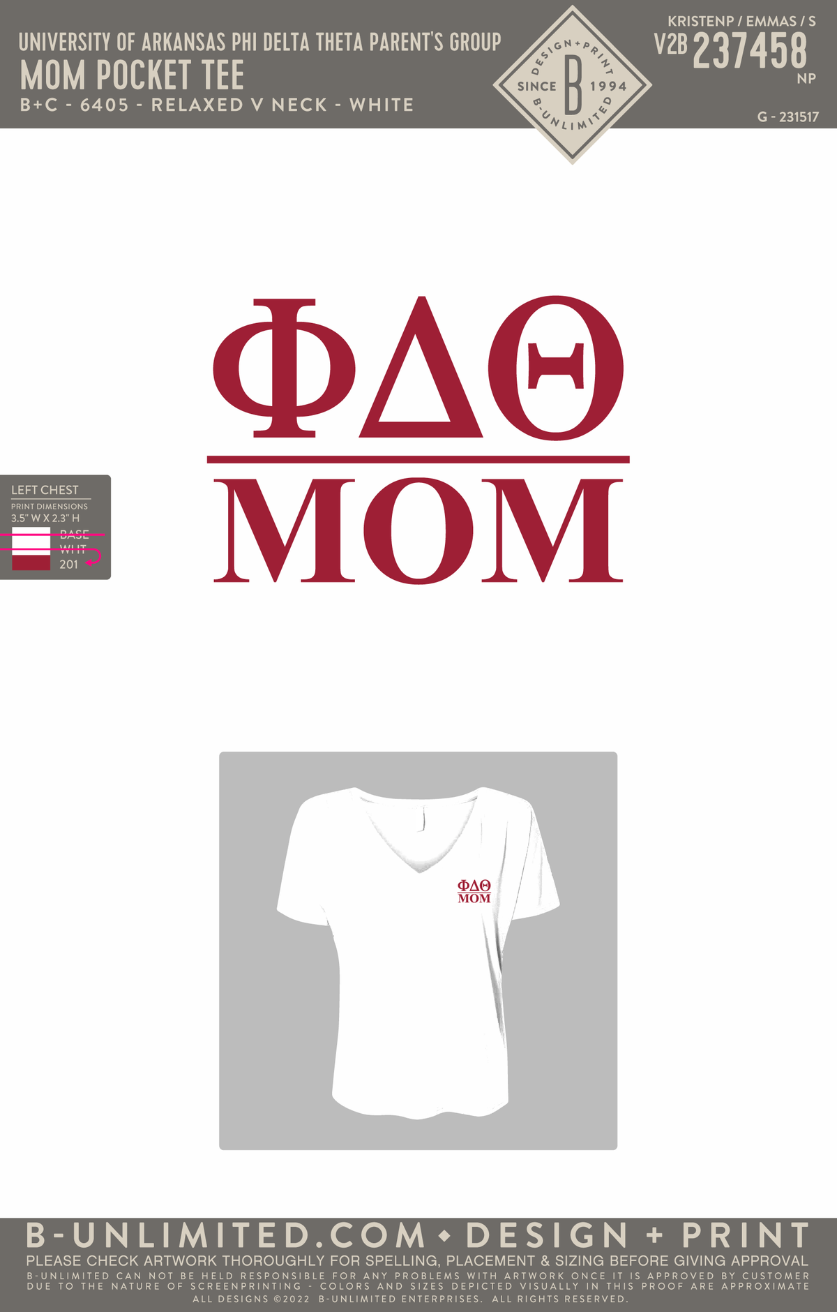 University of Arkansas Phi Delta Theta Parent's Group - Mom Tee - B+C - 6405 - SS Relaxed V-Neck - White