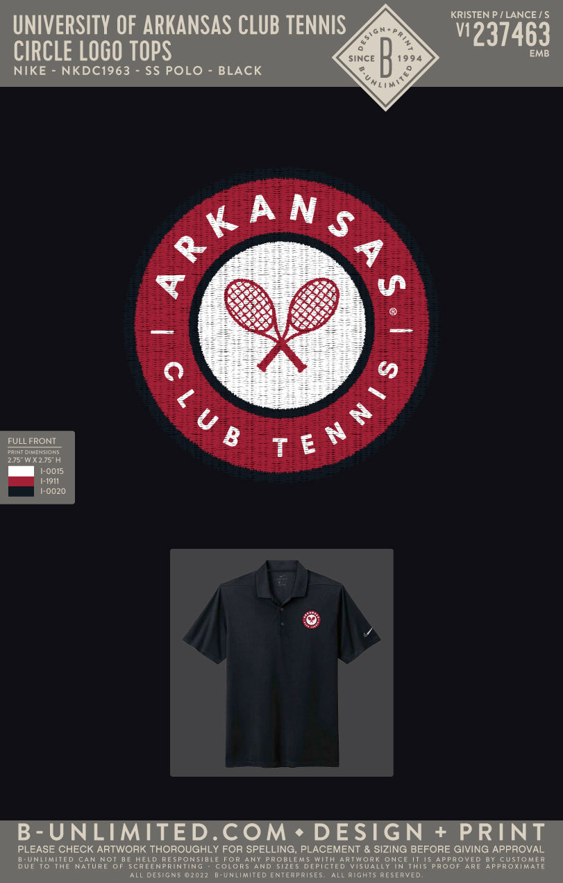 University of Arkansas Club Tennis - Circle Logo Tops - Nike - NKDC1963 - SS Polo - Black
