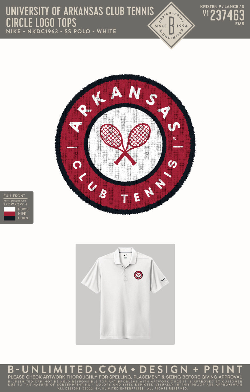 University of Arkansas Club Tennis - Circle Logo Tops - Nike - NKDC1963 - SS Polo - White