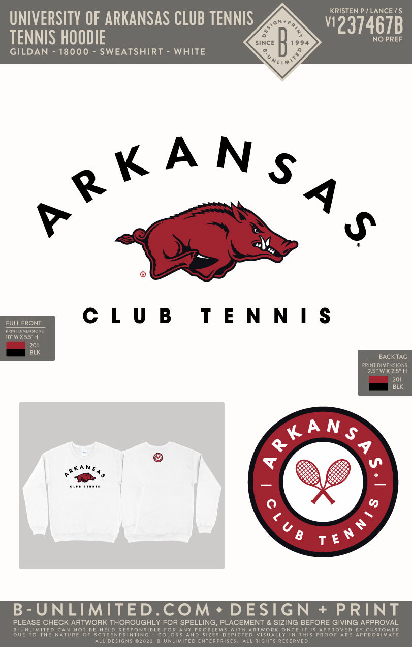 University of Arkansas Club Tennis - Tennis Sweatshirt - Gildan - 18000 - Sweatshirt - White