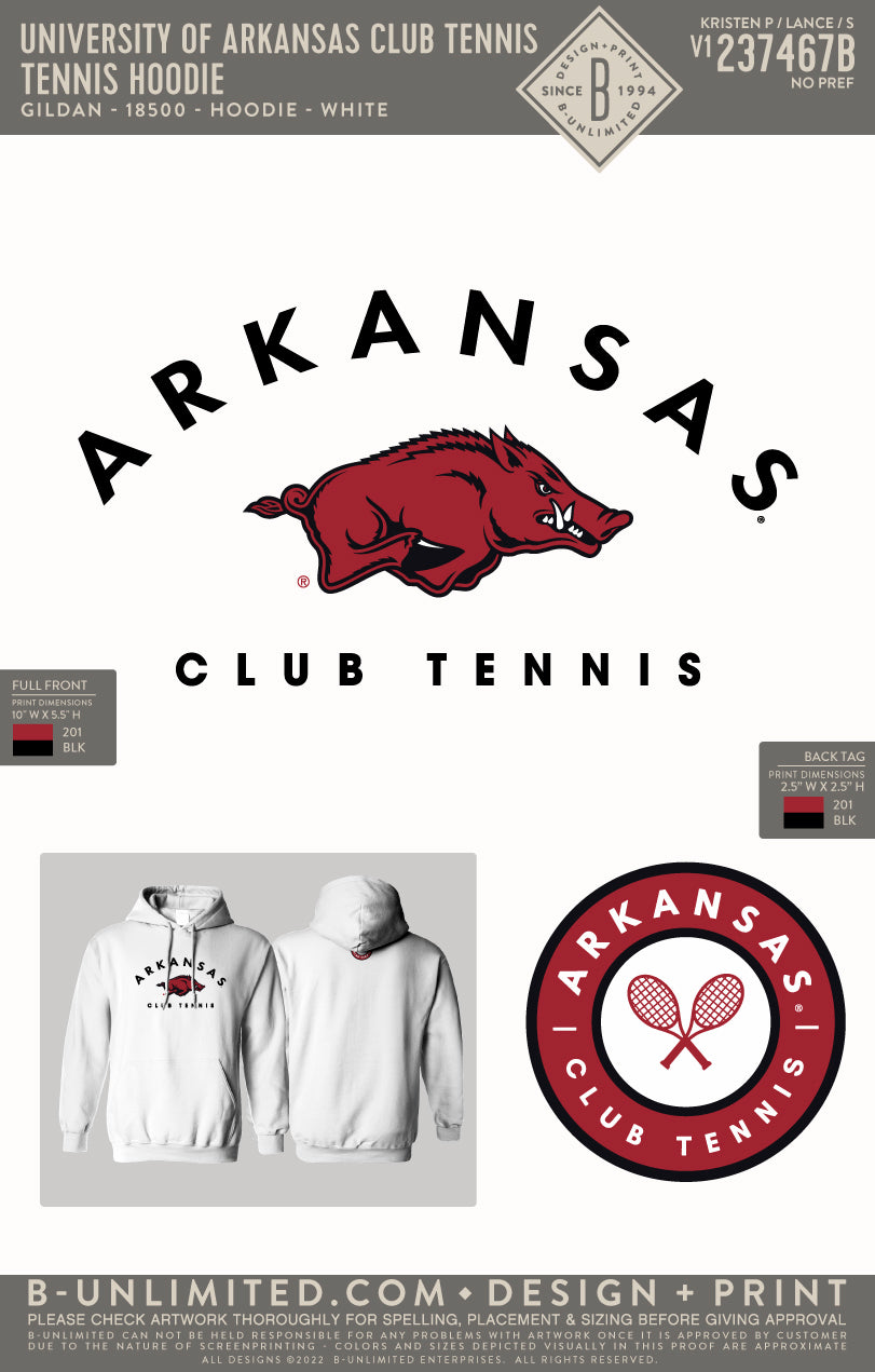 University of Arkansas Club Tennis - Tennis Sweatshirt - Gildan - 18500 - Hoodie - White