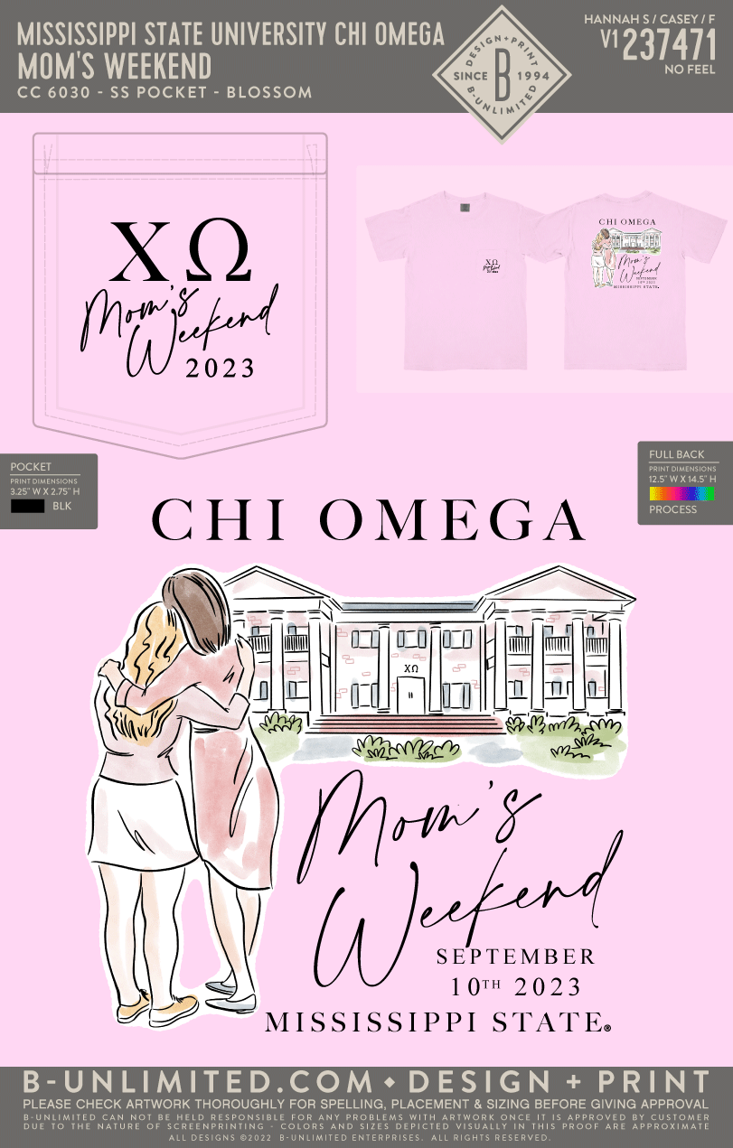Mississippi State University Chi Omega - Mom's Weekend (EOYFALL23) - CC - 6030 - SS Pocket - Blossom