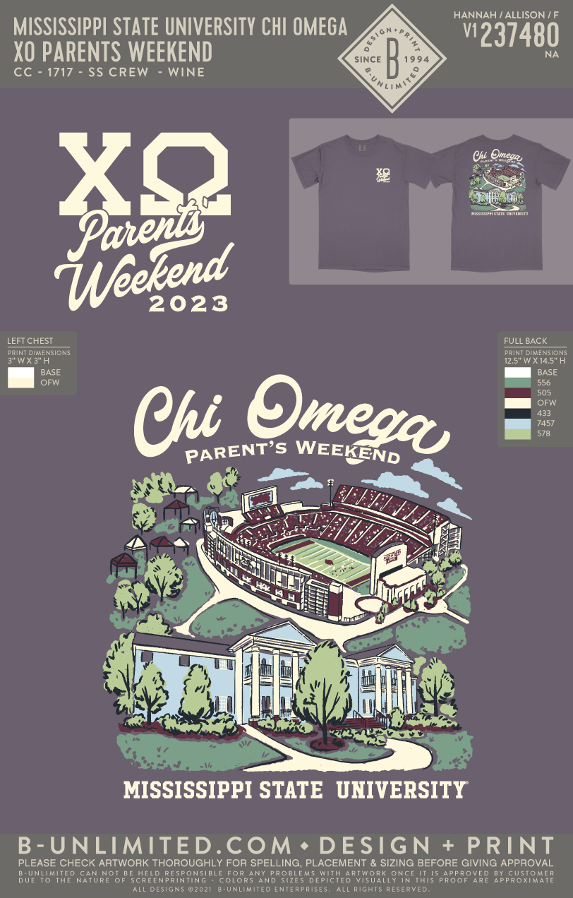 Mississippi State University Chi Omega - XO Parents Weekend (EOYFALL23) - CC - 1717 - SS Crew - Wine