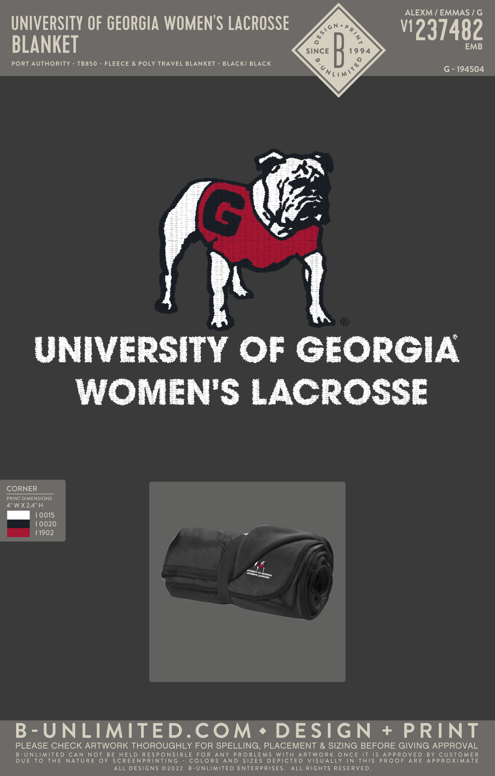 University of Georgia Women's Lacrosse - Blanket - Port Authority - TB850 - Fleece & Poly Travel Blanket - Black/Black