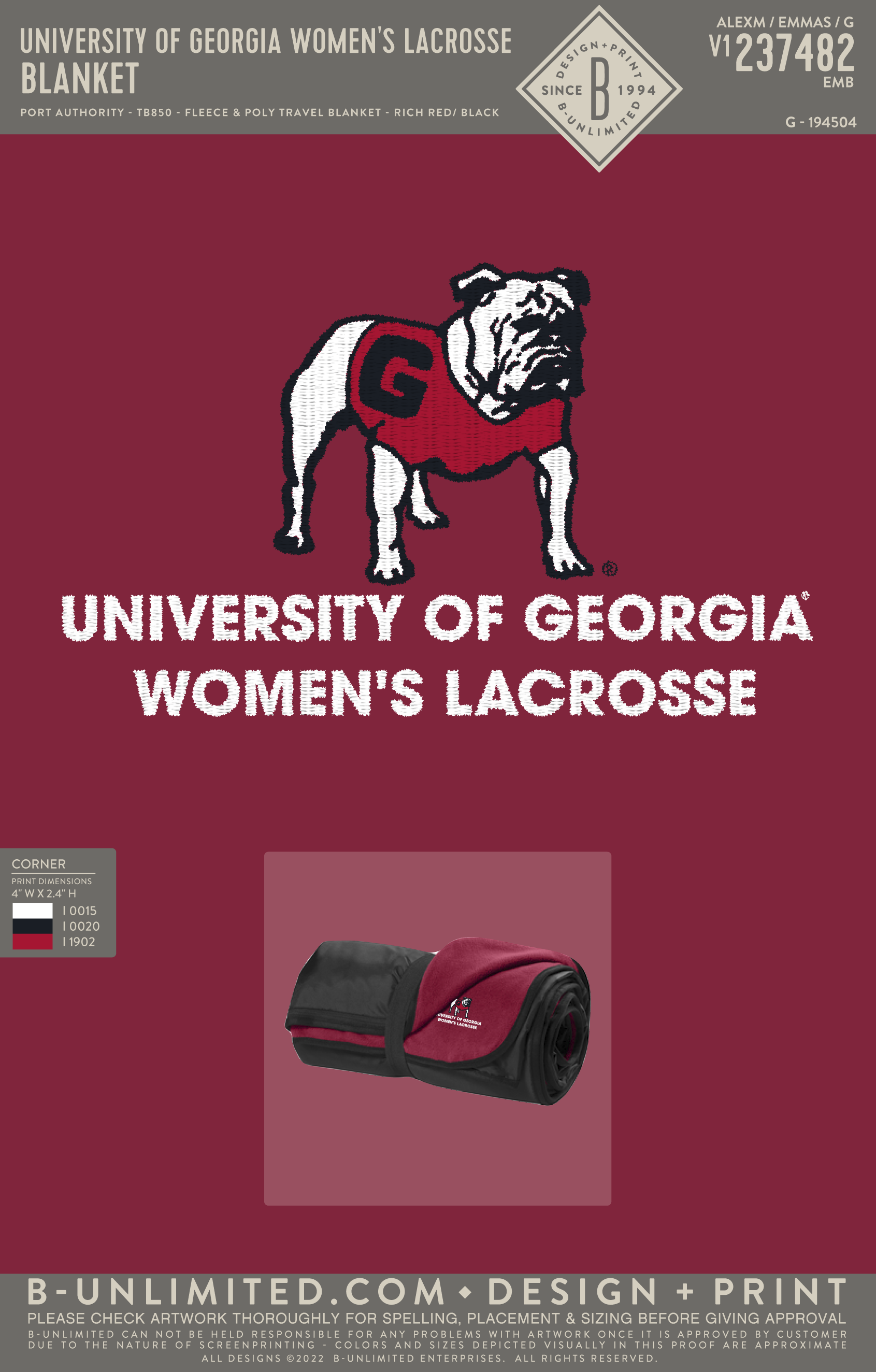 University of Georgia Women's Lacrosse - Blanket - Port Authority - TB850 - Fleece & Poly Travel Blanket - Rich Red/ Black