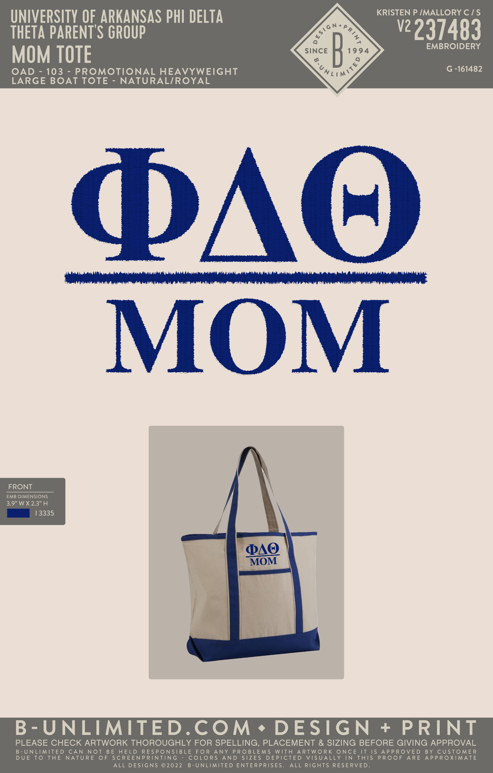 University of Arkansas Phi Delta Theta Parent's Group - Mom Tote - OAD - OAD103 - Promotional Heavy Weight Large Boat Tote - Natural/Royal