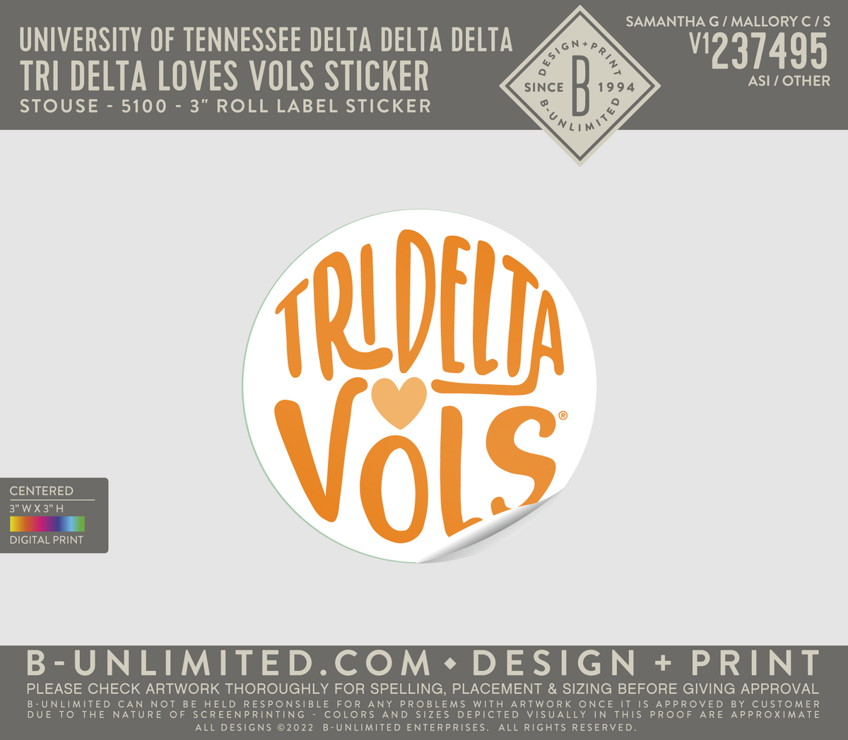 University of Tennessee Delta Delta Delta - Tri Delta Loves Vols Sticker PACK OF 10 - Stouse - 5100 - 3" Roll Label Sticker - Multi
