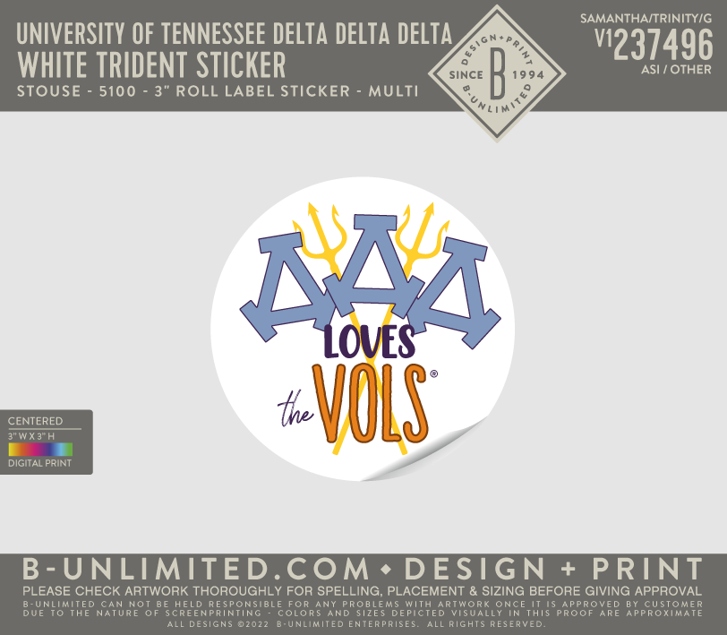 University of Tennessee Delta Delta Delta - White Trident Sticker PACK OF 10 - Stouse - 5100 - 3" Roll Label Sticker - Multi