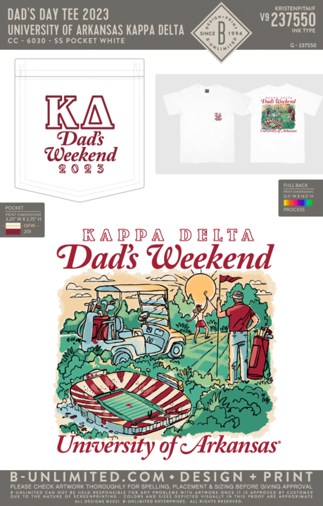 University of Arkansas Kappa Delta - Dad's Day Tee 2023 (EOYFALL23) - CC - 6030 - SS Pocket - White