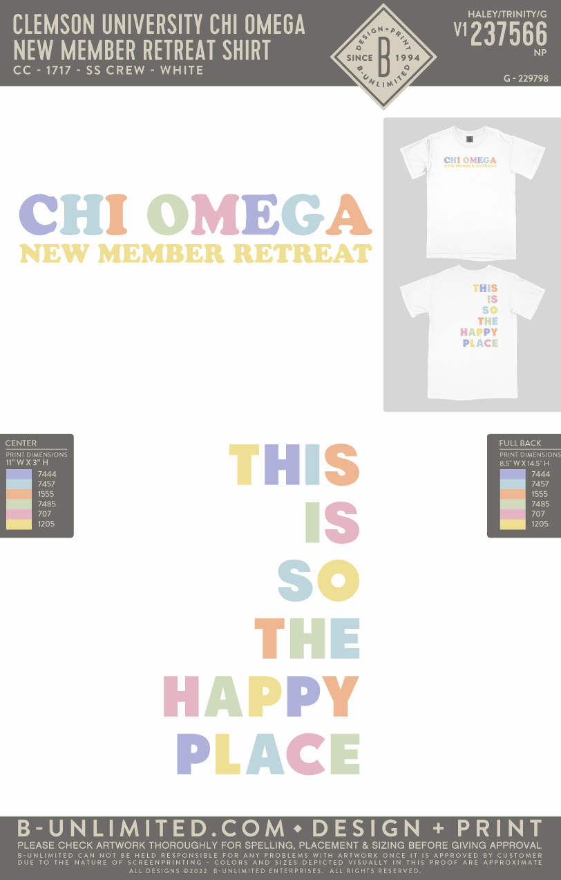 Clemson University Chi Omega - New Member Retreat Shirt - CC - 1717 - SS Crew - White