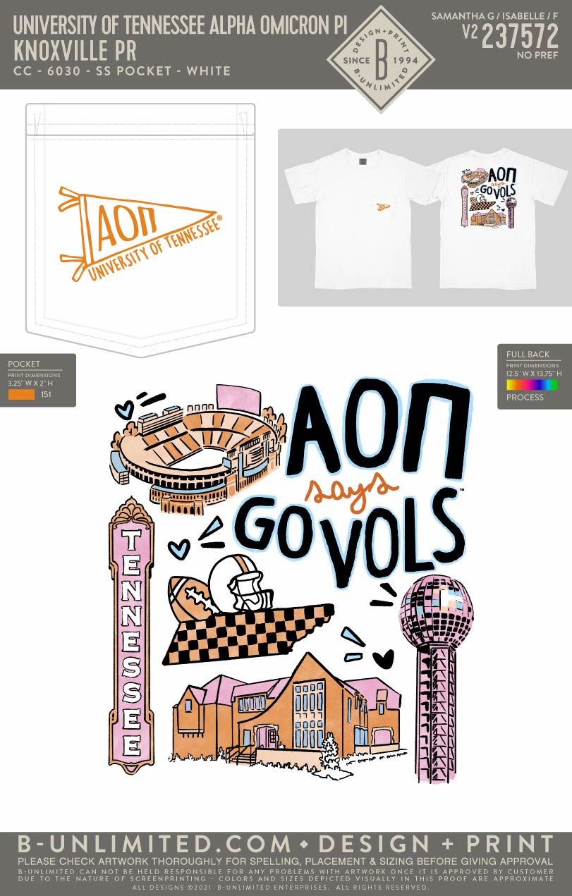 University of Tennessee Alpha Omicron Pi - Knoxville PR (EOYFALL23) - CC - 6030 - SS Pocket - White
