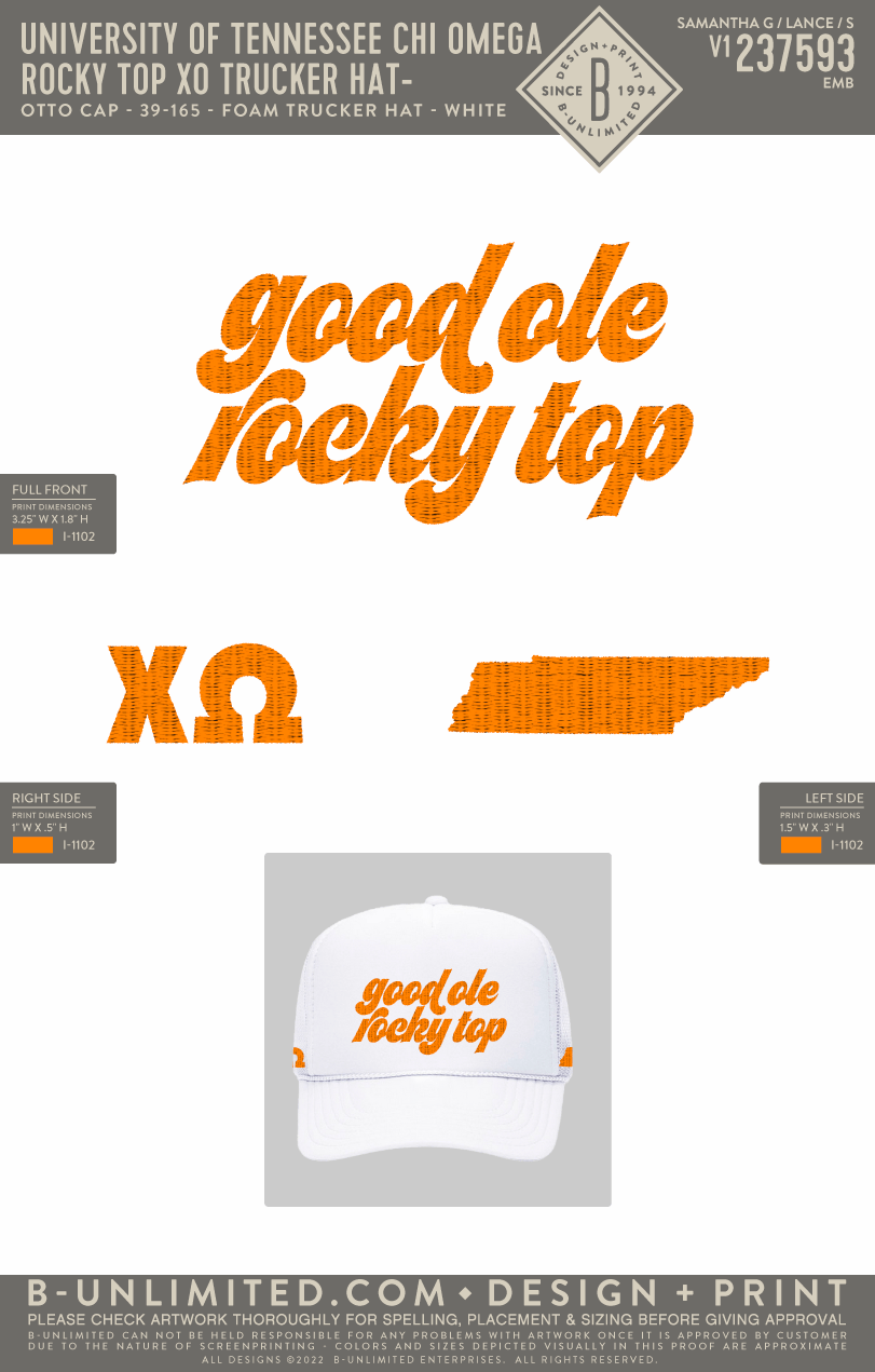 University of Tennessee Chi Omega - Rocky Top XO Trucker Hat - Otto Cap - 39-165 - Foam Trucker Hat - White