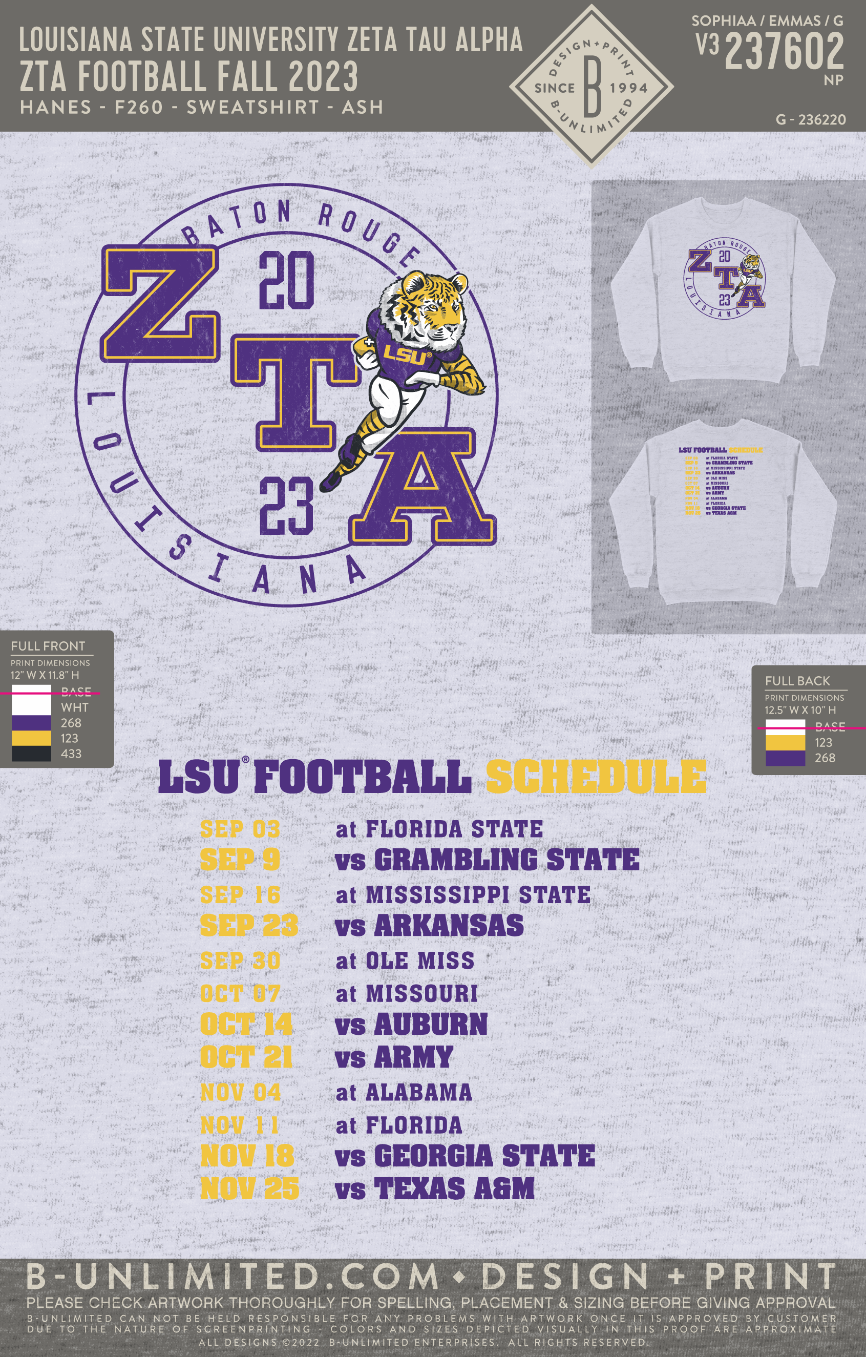 Louisiana State University Zeta Tau Alpha - ZTA Football Fall 2023 - Hanes - F260 - Sweatshirt - Ash