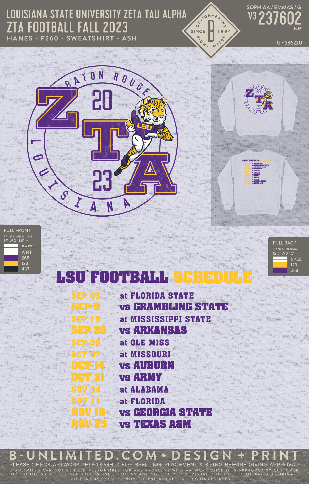 Louisiana State University Zeta Tau Alpha - ZTA Football Fall 2023 - Hanes - F260 - Sweatshirt - Ash