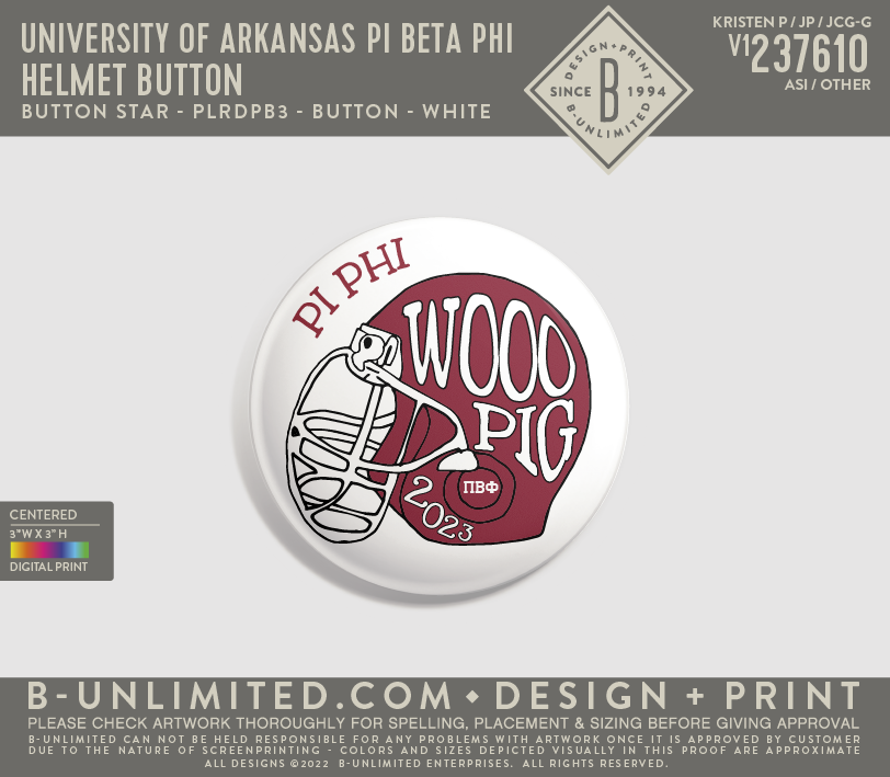 University of Arkansas Pi Beta Phi - Helmet Button - Button Star - PLRDPB3 - Button - White
