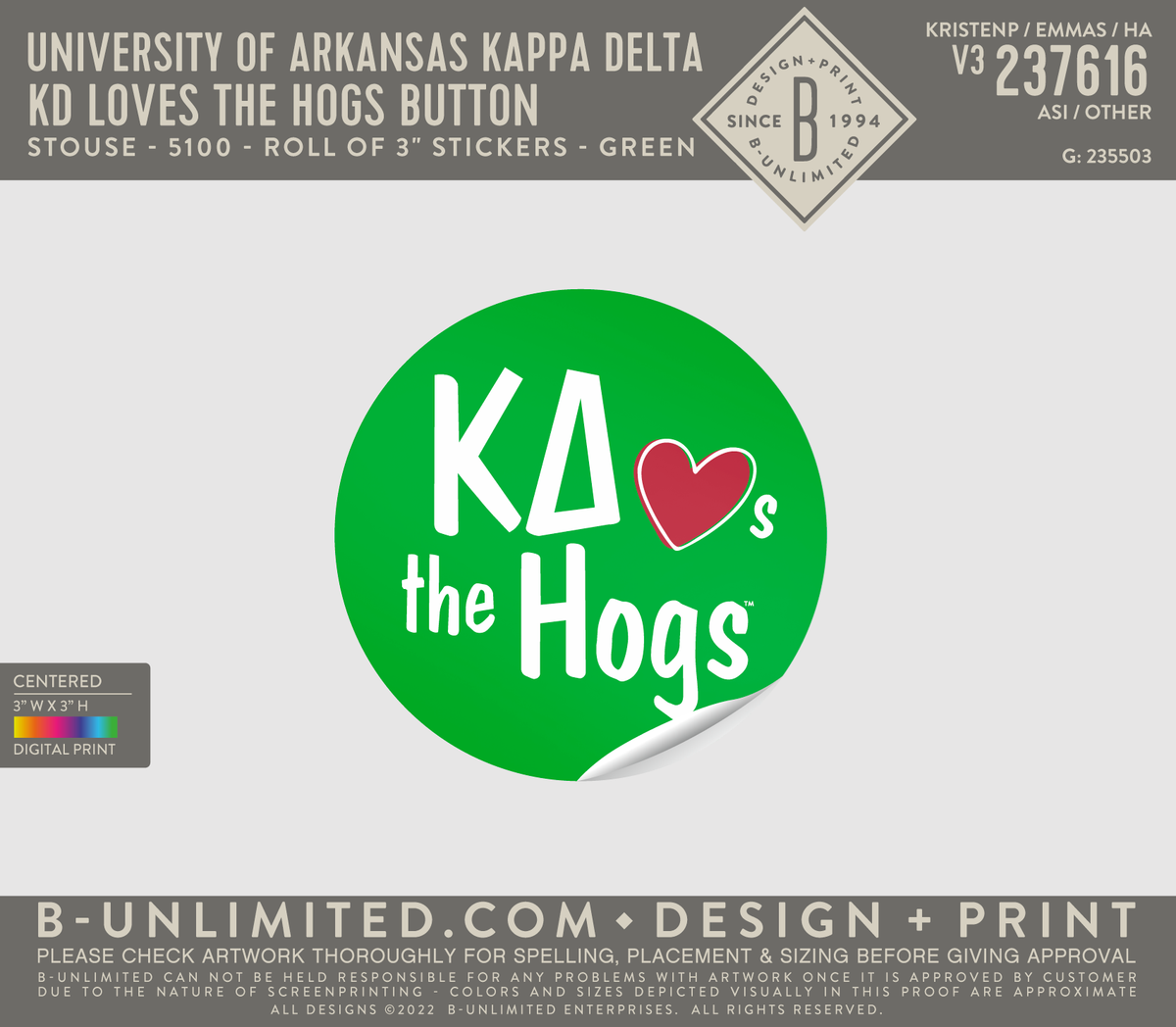University of Arkansas Kappa Delta - KD Loves the Hogs Sticker (PACK OF 15) - Stouse - 5100 - 3" Roll Label Sticker - Multi