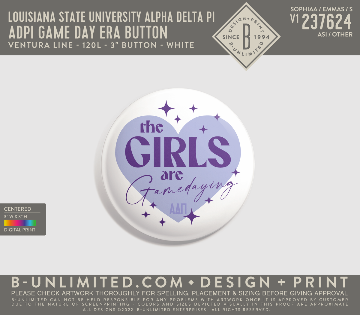 Louisiana State University Alpha Delta Pi - ADPI Game Day Era Button #2 (set of 2 buttons) - Ventura Line - 120L - 3" Button - White