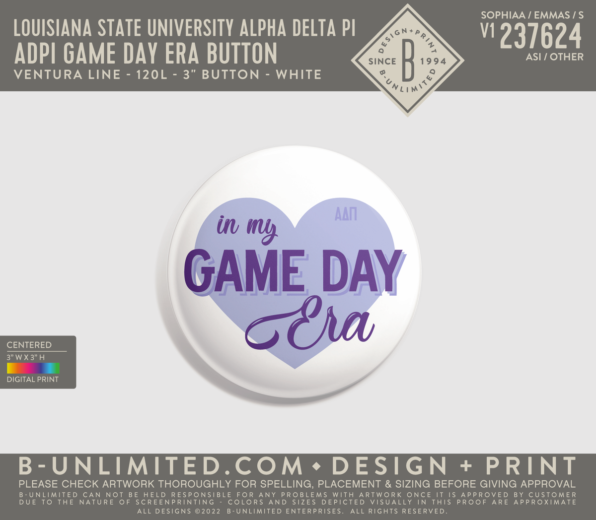 Louisiana State University Alpha Delta Pi - ADPI Game Day Era Button (set of 2 buttons) - Ventura Line - 120L - 3" Button - White