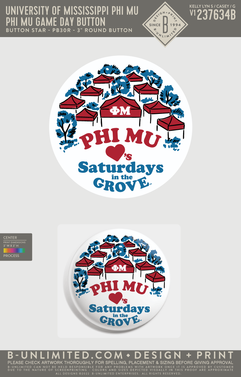 University of Mississippi Phi Mu - Phi Mu Game Day Button - Button Star - PB30R - 3" Round Button - White