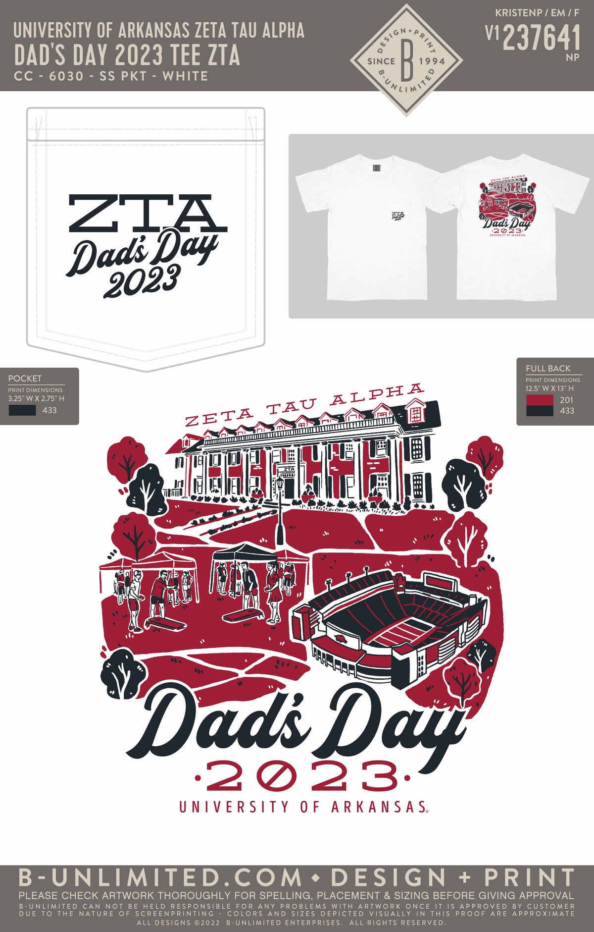 University of Arkansas Zeta Tau Alpha - Dad's Day 2023 Tee ZTA (EOYFALL23) - CC - 6030 - SS Pocket - White
