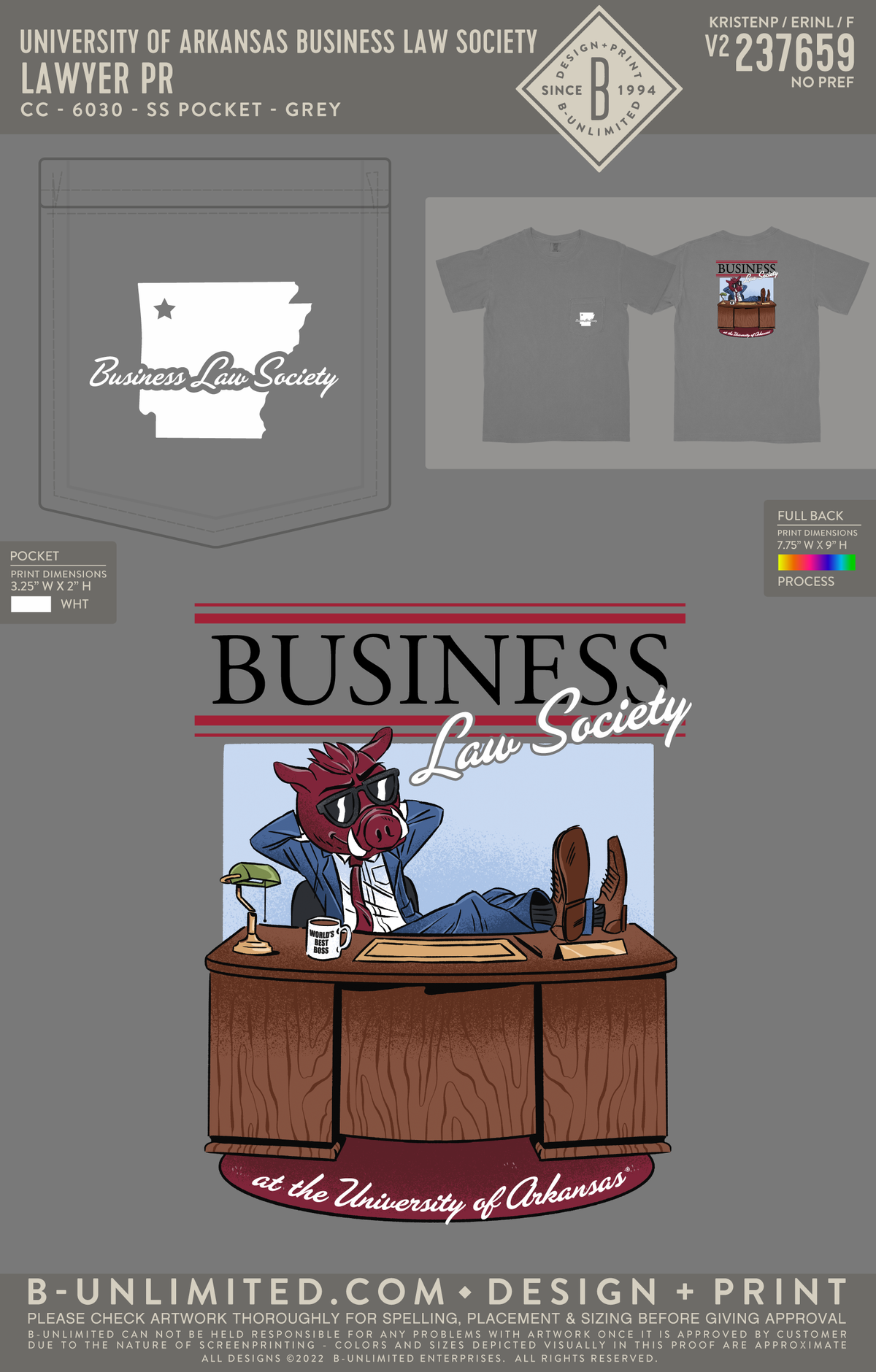University of Arkansas Business Law Society - Lawyer PR - CC - 6030 - SS Pocket - Grey