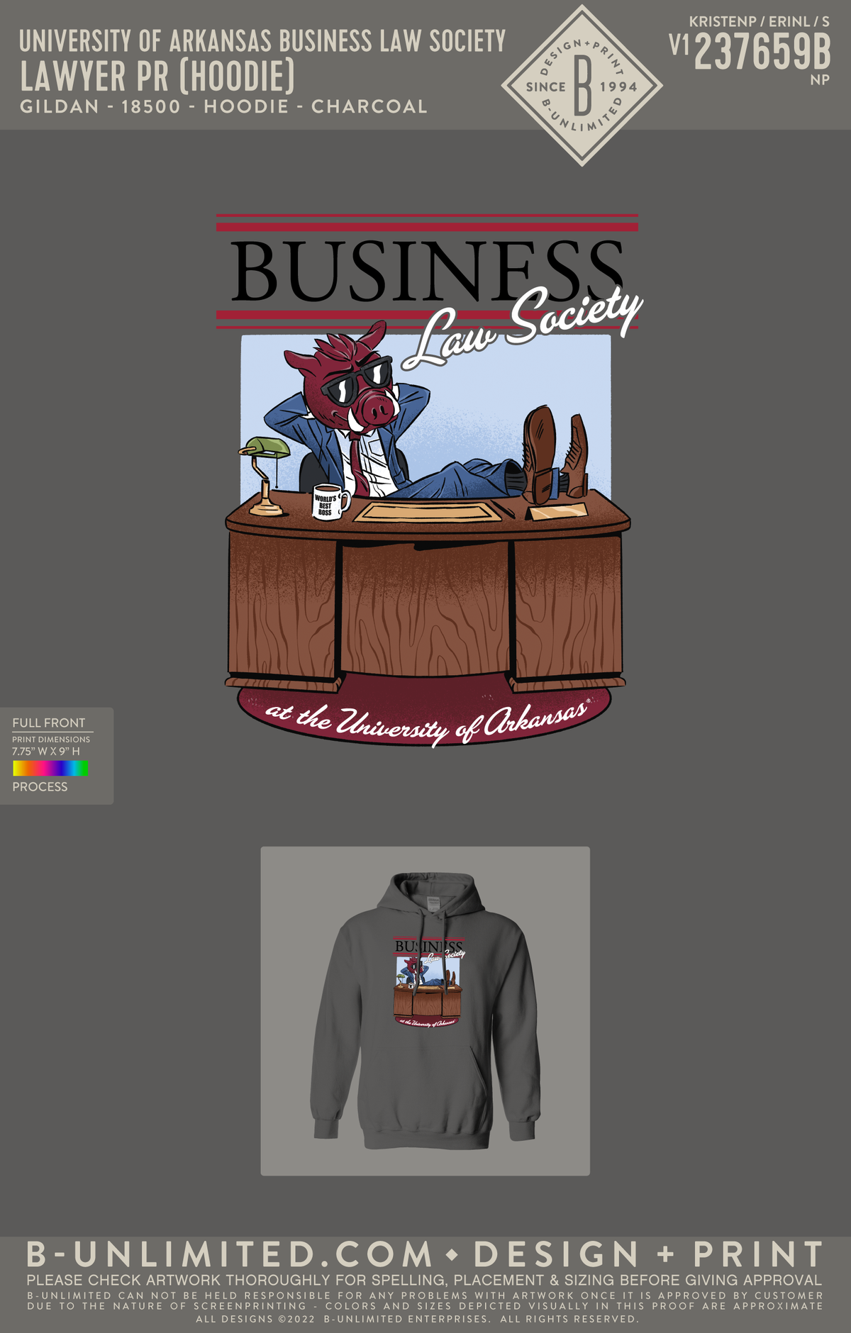 University of Arkansas Business Law Society - Lawyer PR (Hoodie) - Gildan - 18500 - Hoodie - Charcoal