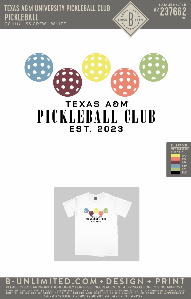 Texas A&M University Pickleball Club - Pickleball - CC - 1717 - SS Crew - White
